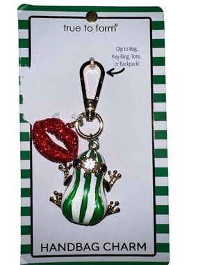true to form Green & White Striped Frog Handbag Charm with Red Lip Accent